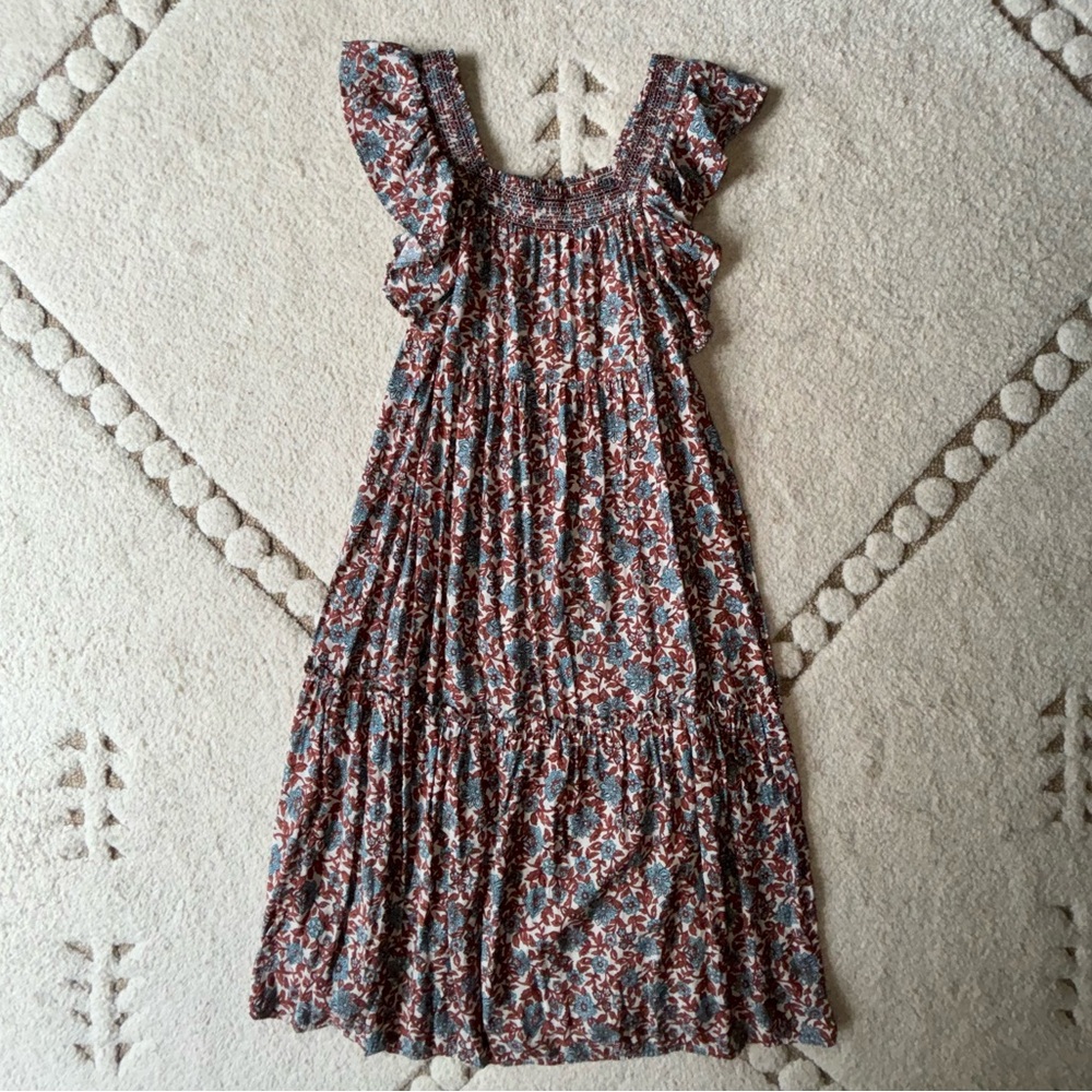 Brown and blue floral tiered dress